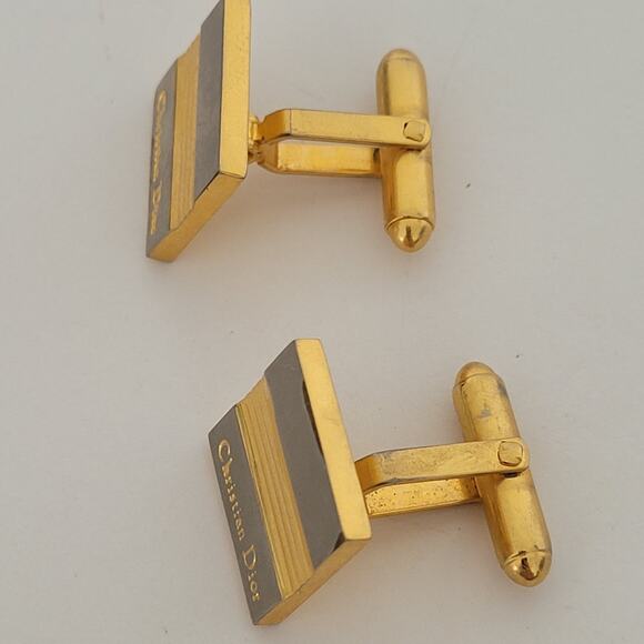 Christian Dior Gold Silver Tone Logo Cufflinks Vintage Square Designer - Picture 2 of 7